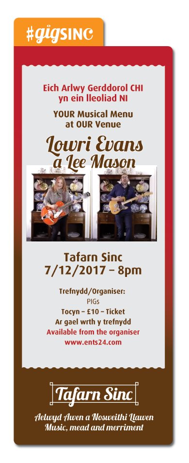 #gigsinc
Tafarn Sinc, 7/12/2017 – 8pm
Trefnydd/Organiser: PIGs
Tocynnau/Tickets: £10 available here: ents24.com/rosebush-event…
Tafarn Sinc
Aelwyd Awen a Nosweithi Llawen
Music, mead and merriment