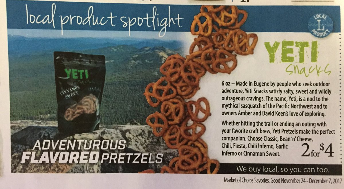 yeti_snacks's tweet photo. Nov-24th Yeti Snacks has the spotlight @marketofchoice. Grab any  of our 7 flavors of pretzels 2 for $4.00!! https://t.co/dUqDJiw965