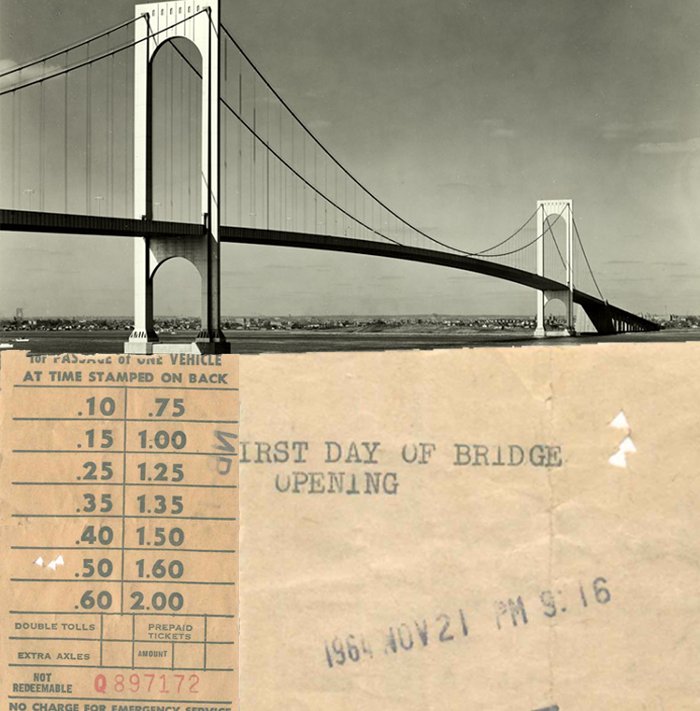 TransportGOP's tweet photo. #OnThisDay in 1964, the World's longest suspension #bridge Verrazano Narrows opens. Picture shows ticket from 1st day. #transport #history https://t.co/1tGmeSDKC8