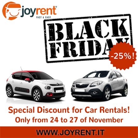 joyrent_it's tweet photo. From 24 to 27 of November Joyrent offers a 25% Special Discount for all  car rentals! Are you ready to make a "cheap" reservation? https://t.co/8Gy3hicGwx 
 #blackfriday #carrentals https://t.co/RAYk0EjMJu