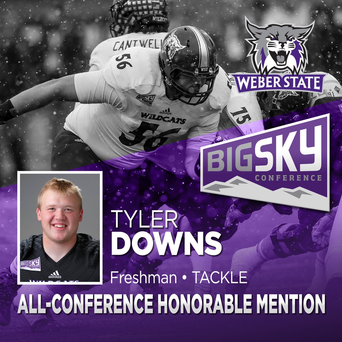 weberstatefb's tweet photo. Congratulations to Weber State's Tyler Downs @TylerDowns56 on earning #BigSkyFB Honorable Mention All-Conference honors. #WeAreWeber 🏈 👏 https://t.co/zJO17ftf55