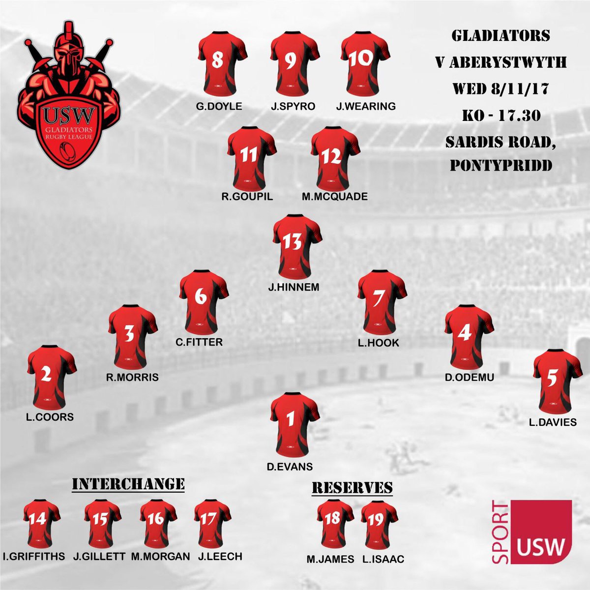 Lots of change in the Gladiators line up this week ready for our clash against Aberystwyth