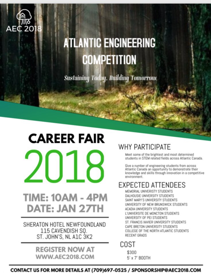 AEC2018's tweet photo. Top employers meet the best Engineering students in Atlantic Canada! Register Now

#engineering #AEC2018 #MUN https://t.co/qx0ccW7suO