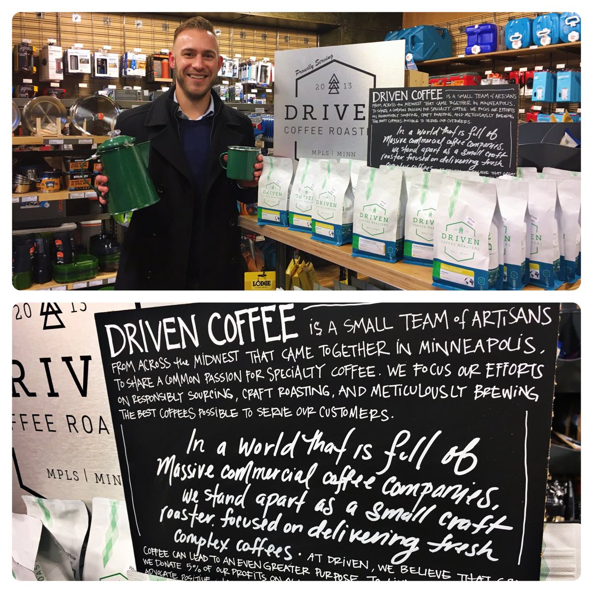 DrivenCoffee's tweet photo. Driven Coffee is now in stock at @REI (Bloomington, MN). Get prepped to skip the lines &amp; #optoutside with #REI this #BlackFriday by picking up some #DrivenCoffee and warm outdoor gear! https://t.co/eZRhXrfgxD