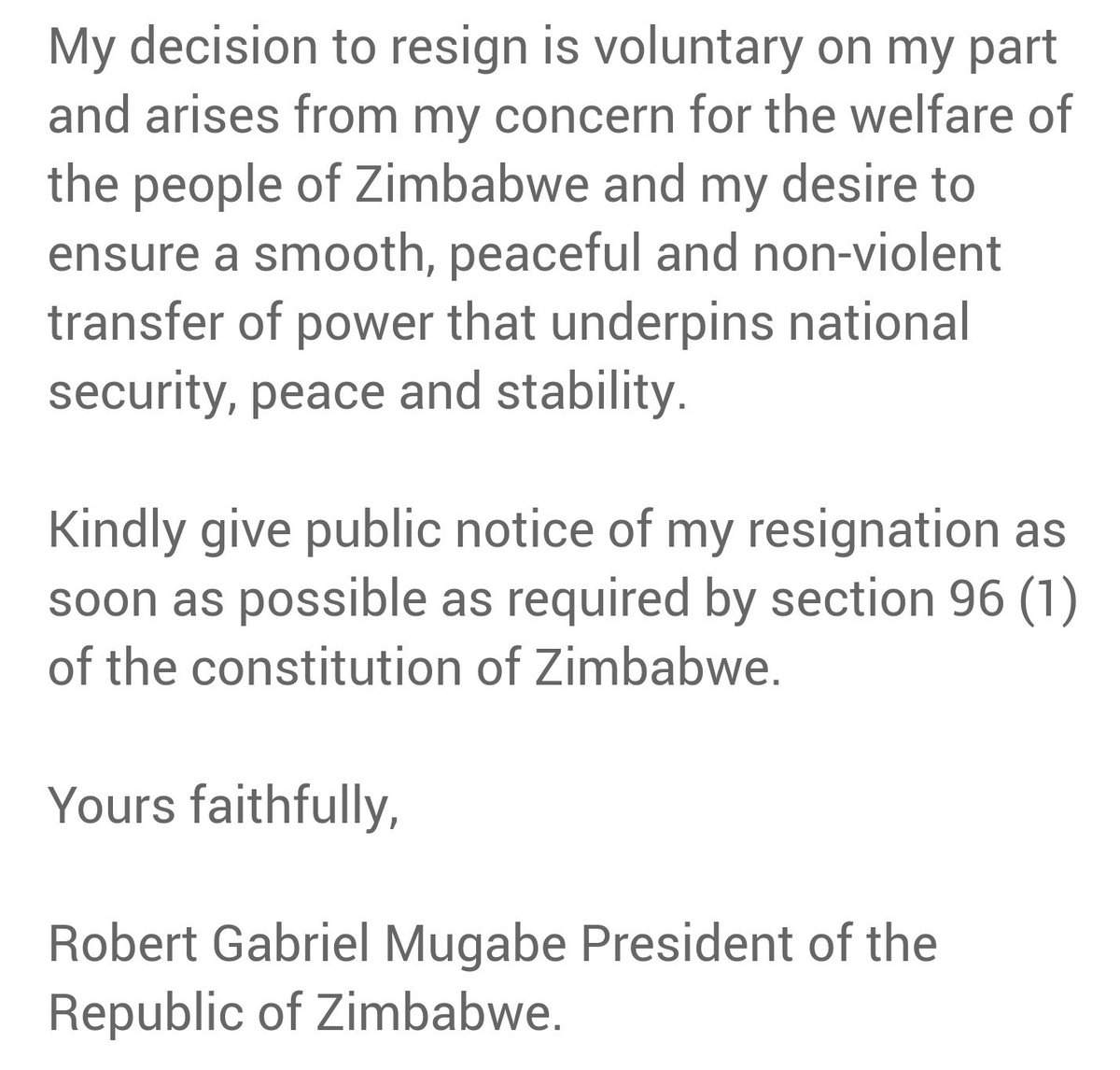 Full letter of resignation by former president RG Mugabe: