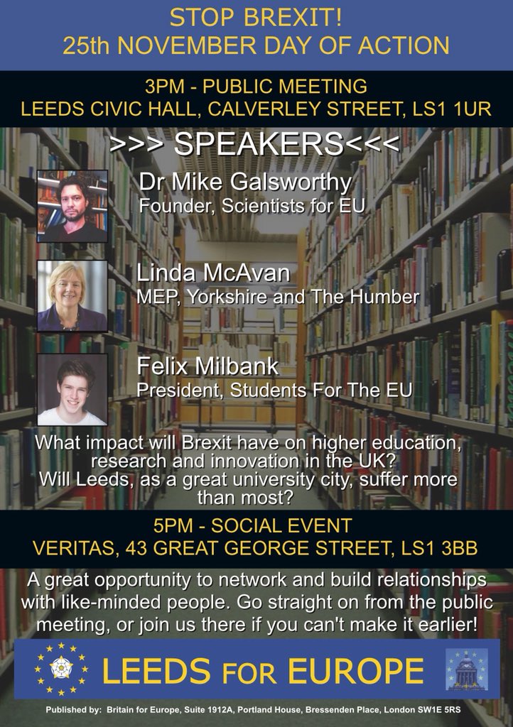 LeedsEurope's tweet image. We are holding another Stop #Brexit Day of Action in #Leeds this Saturday, featuring @mikegalsworthy @LindaMcAvanMEP &amp;amp; @FelixMilbank 3pm Leeds Civic Hall. Followed by social - all welcome! Please spread the word. #StopBrexit