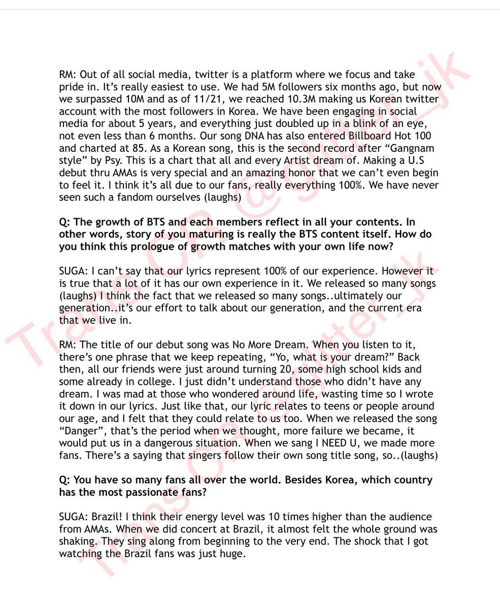 JK_Glitters's tweet photo. (TRANSLATION) EXCLUSIVE INTERVIEW with @BTS_twt after U.S debut at the AMAs 
https://t.co/o8AWmTuGa6

PART 1.

*I know this is a long interview but I strongly recommend everyone to read it. *

미국데뷰전 치룬 방탄소년단 단독 인터뷰 영문번역 
@BigHitEnt @hitmanb https://t.co/FGBFWJkZiD