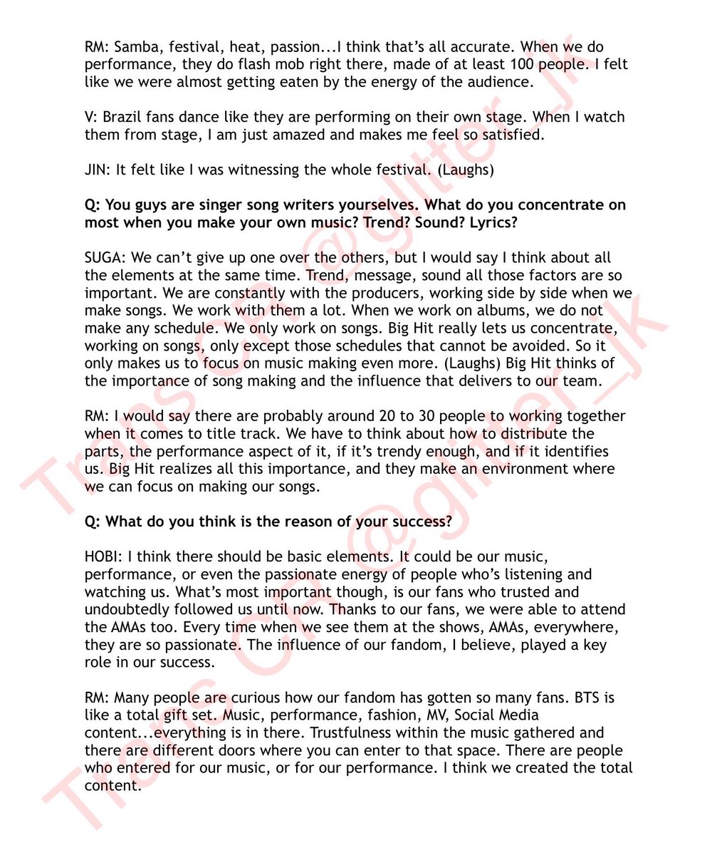 JK_Glitters's tweet photo. (TRANSLATION) EXCLUSIVE INTERVIEW with @BTS_twt after U.S debut at the AMAs 
https://t.co/o8AWmTuGa6

PART 1.

*I know this is a long interview but I strongly recommend everyone to read it. *

미국데뷰전 치룬 방탄소년단 단독 인터뷰 영문번역 
@BigHitEnt @hitmanb https://t.co/FGBFWJkZiD