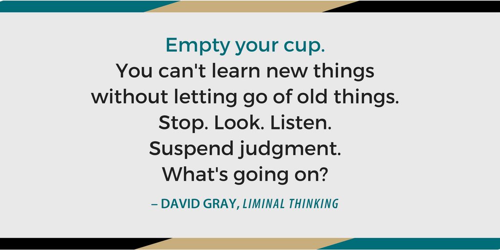Design_at_Scale's tweet photo. A Jedi mind trick to help you suspend judgment at work at this holiday season from @DaveGray's #liminalthinking book: https://t.co/6RwucqdS9p
#Tuesdaythought #emptyyourcup https://t.co/dG4CDN3jR2