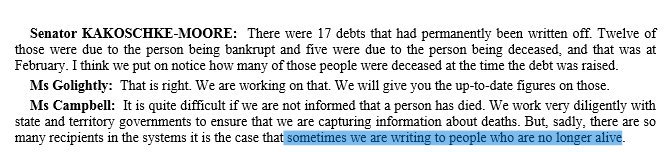 not_my_debt's tweet image. It's @SenatorSkye who asked DHS how many people died after receiving a robodebt letter. 

Was eventually answered with out of date figures, 6 months past due, just 1 hour before the next senate estimates.

More important questions on notice are now pending.

#notmydebt #robodeath