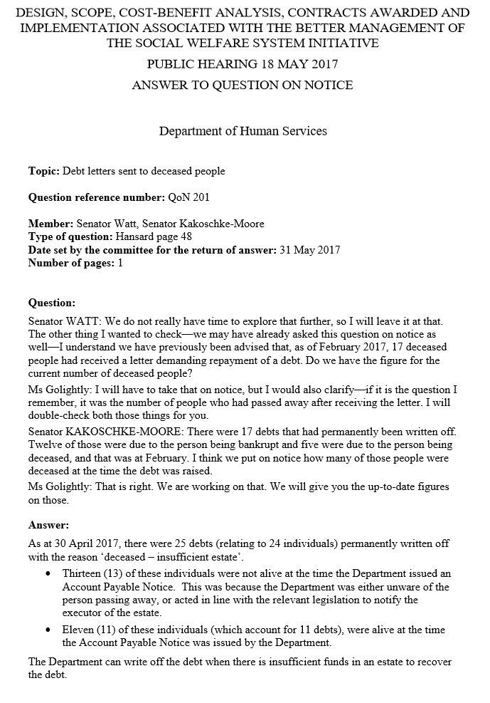 not_my_debt's tweet image. It's @SenatorSkye who asked DHS how many people died after receiving a robodebt letter. 

Was eventually answered with out of date figures, 6 months past due, just 1 hour before the next senate estimates.

More important questions on notice are now pending.

#notmydebt #robodeath