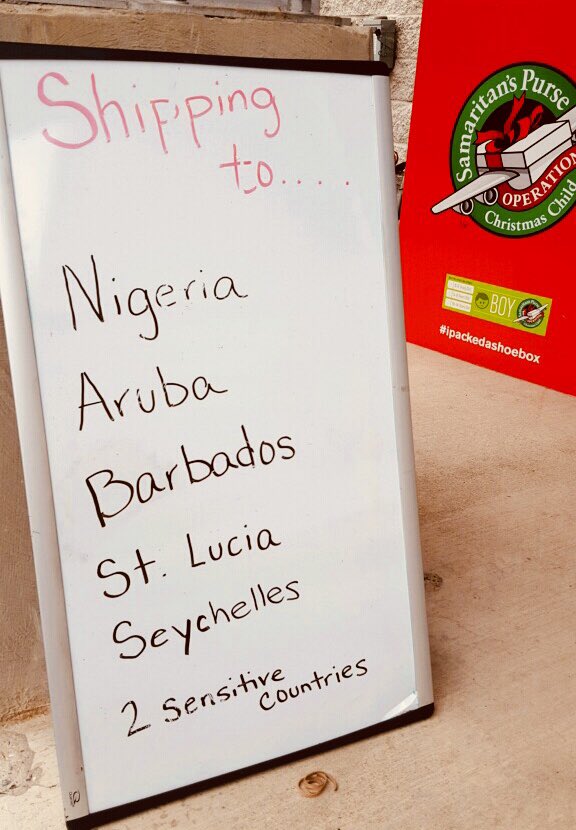 MrRVarghese's tweet image. Curious to know where our 7️⃣6️⃣ #OCC 🎄 shoeboxes are going?!? Nigeria, Aruba, Barbados, St. Lucia, Seychelles &amp;amp; 2 unspecified sensitive nations! Changing lives, 1️⃣ shoebox 🎁 at a time!