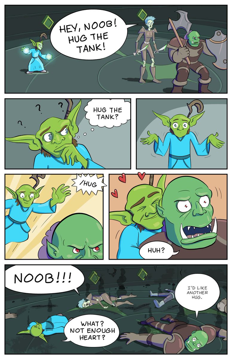 Warcraft's tweet photo. "The group told me to hug the tank, so I spammed /hug and ended up dying. I felt dumb for not knowing what they meant." - Fusecraft

🎨 Player story illustrated by @maryvarn https://t.co/xHVYCpAhsi