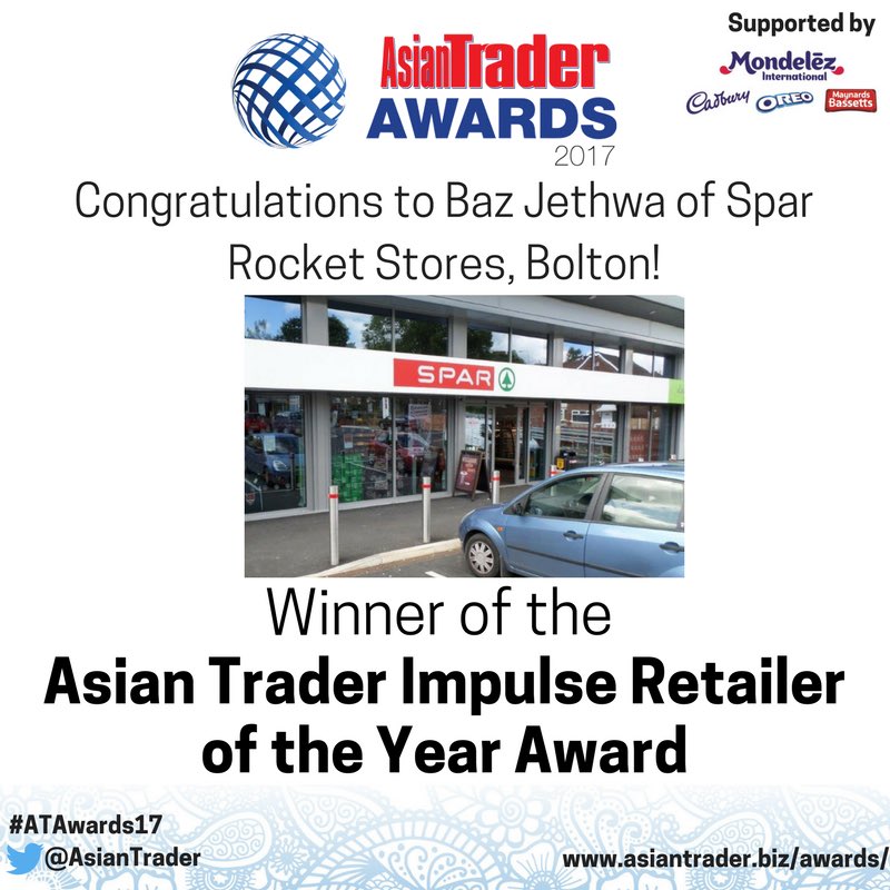 AsianTrader's tweet photo. Baz Jethwa of @SparRocket in #Bolton wins the Asian Trader Impulse Retailer of the Year Award 2017, sponsored by @MDLZ. Congratulations! Baz is an enterprising retailer who runs a true beacon of a store in his community. #ATAwards17 https://t.co/Jp1Kb8EnS6