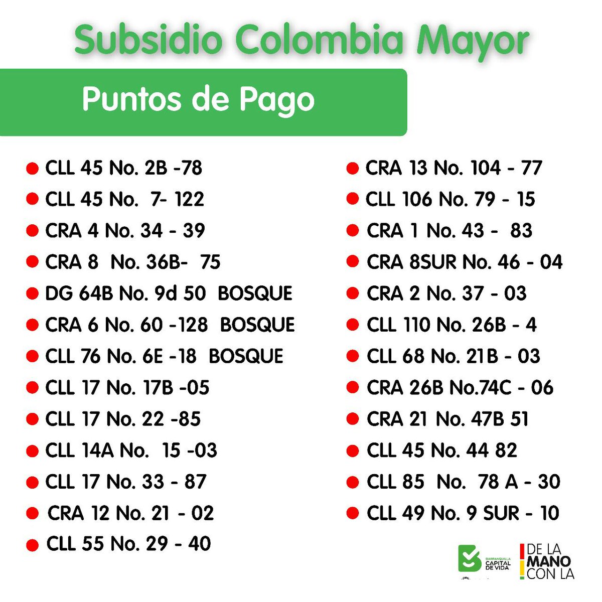 gestionsocialbq's tweet photo. ⚠ATENCIÓN⚠ beneficiarios del subsidio Colombia mayor, extendemos el pago del incentivo hasta el 27 de noviembre. 
Si aún no has reclamado 🏃 dirigete a cualquiera de los puntos @SuperGIROS_SA  establecidos en las imagen. https://t.co/e6xRbvg15g