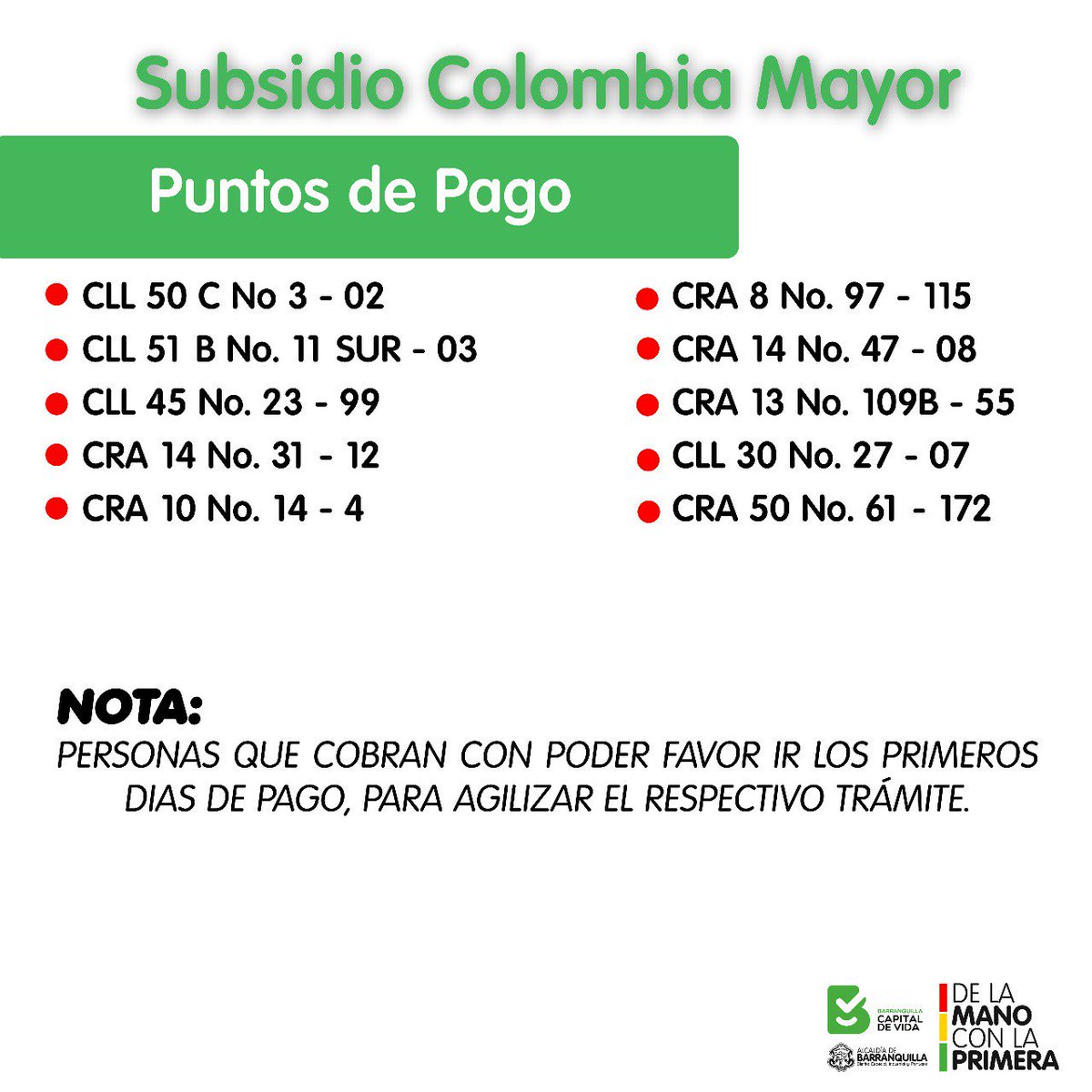 gestionsocialbq's tweet photo. ⚠ATENCIÓN⚠ beneficiarios del subsidio Colombia mayor, extendemos el pago del incentivo hasta el 27 de noviembre. 
Si aún no has reclamado 🏃 dirigete a cualquiera de los puntos @SuperGIROS_SA  establecidos en las imagen. https://t.co/e6xRbvg15g