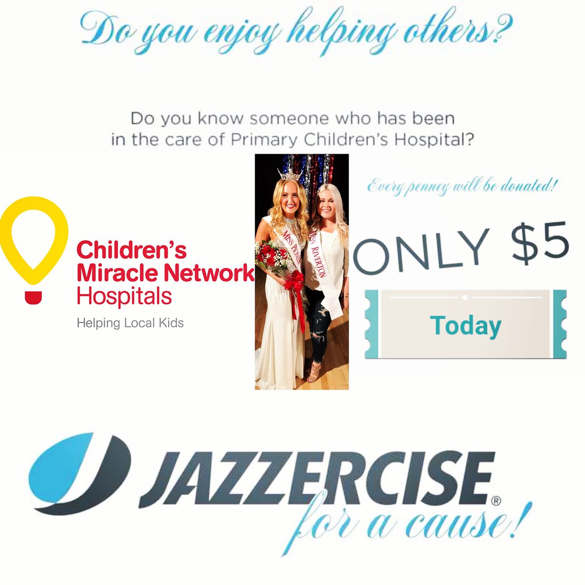 misspioneerut's tweet photo. You're invited tonight to Jazzercise For A Cause at 7pm! Give to those in need! Riverton Jazzercize, please arrive 10 minutes early! ☺️
2602 West 12600 South
Riverton, UT 84065
#jazzerciseforacause #rivertonjazzercise #cmnh #childrensmiraclenetworkhospitals #misspioneervalley https://t.co/R0KCWw0syO