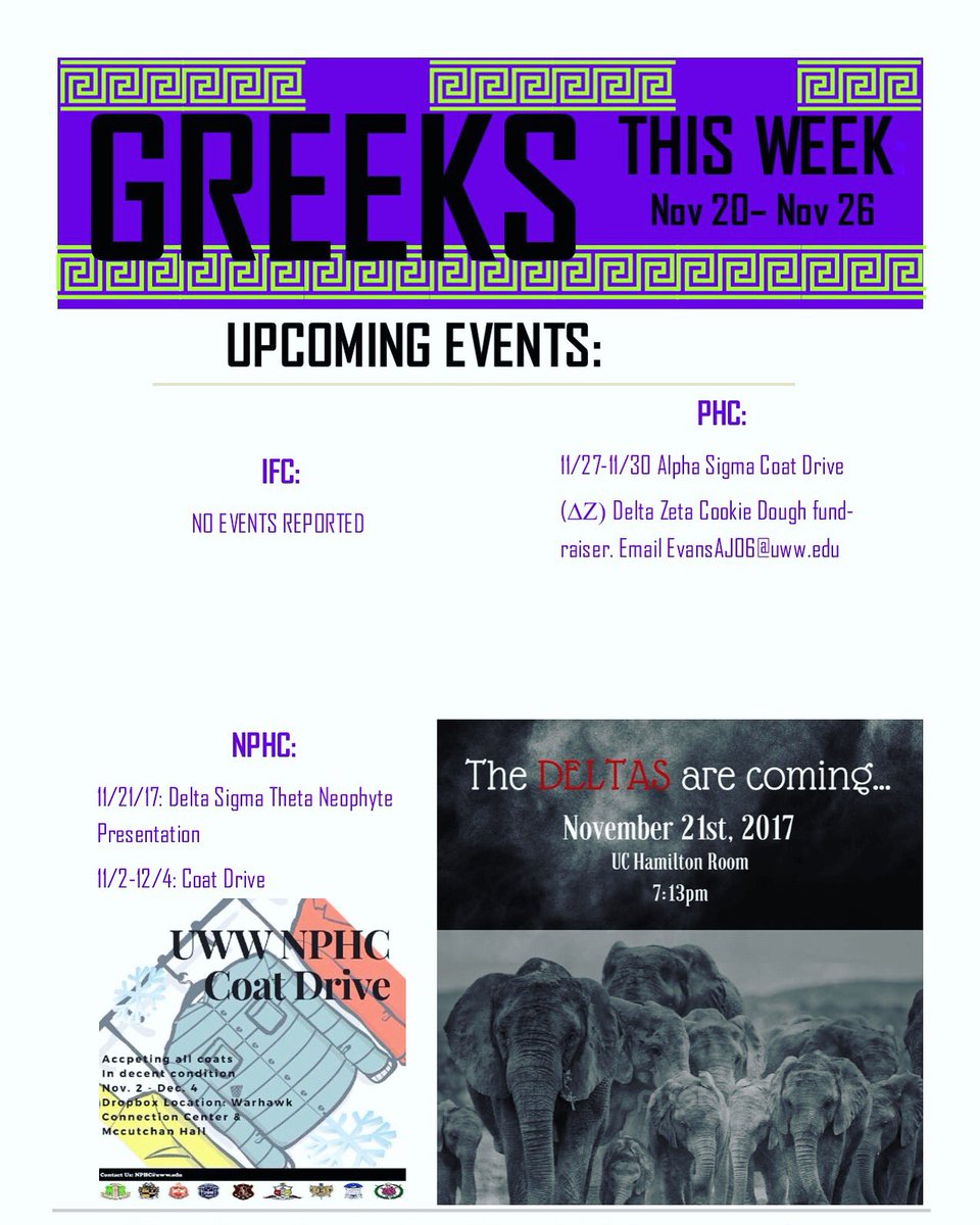 UWWGreeks's tweet photo. A short week but our Greeks are always on the move with amazing events! Go and check them out! 😈 https://t.co/8vTGIJvU4I