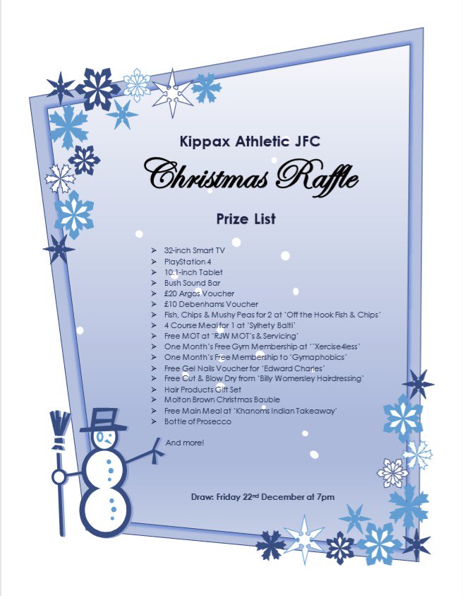 KippaxJFC's tweet photo. 🎄 Christmas Raffle - Prize List 🎄
Fantastic prizes up for grabs including a 32-inch Smart TV, a PlayStation 4 and a 10.-inch Tablet!
Tickets are £2 each and available from any player, parent or manager in our club.
More prizes being added regularly, keep checking FB and Twitter https://t.co/xVbdqX4QLl