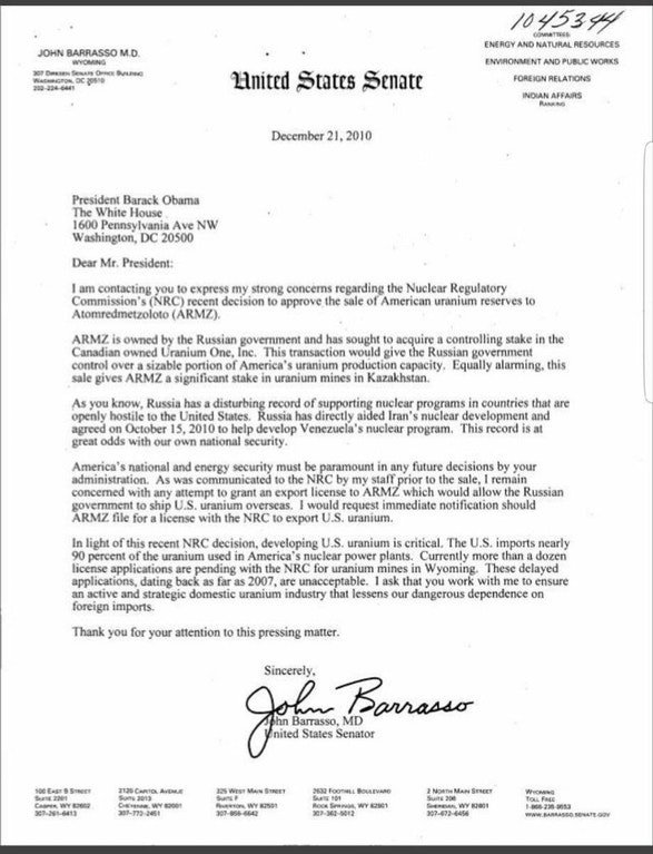 MichaelCoudrey's tweet photo. On 12/21/2010 Sen John Barrasso wrote a letter to Obama warning that the sale of Uranium One to Russian controlled ARMZ would give Russia “Control over sizeable portion America’s uranium production capacity”

He knew this &amp; still allowed the deal to go through. He was complicit. https://t.co/v2hQ8odEzM
