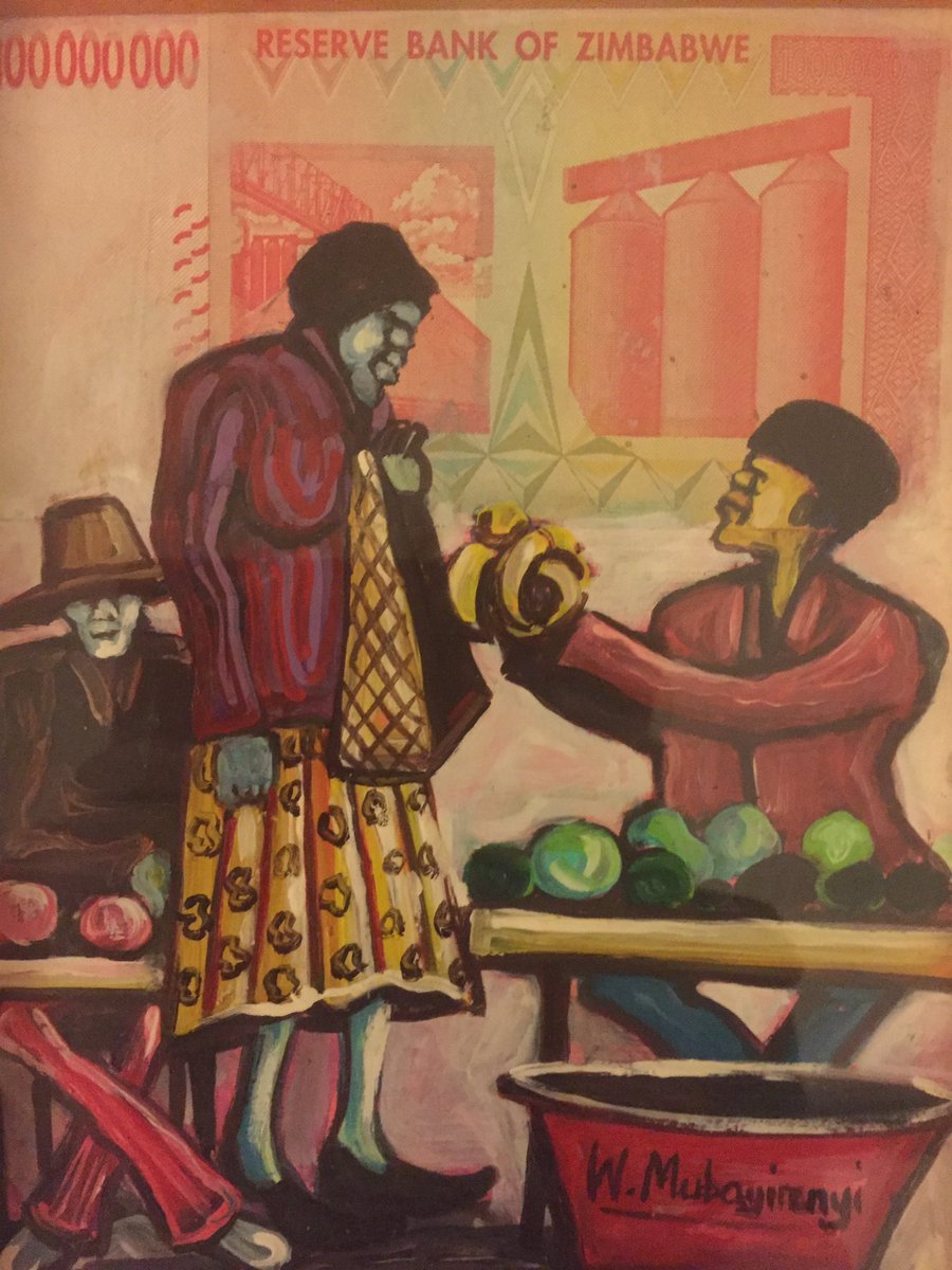VariousHats's tweet photo. Collage bought in Harare a few years ago (remember @afroblonde?) - (empty) grain silos on zillion Zim dollar bill & in foreground people resiliently making their own way & dreaming #MugabeGone Thinking of so many incl @AudreyMbuyazi @ghkare @BrianChikwava @BookCafe_Harare & all https://t.co/TFKy7iAQ55