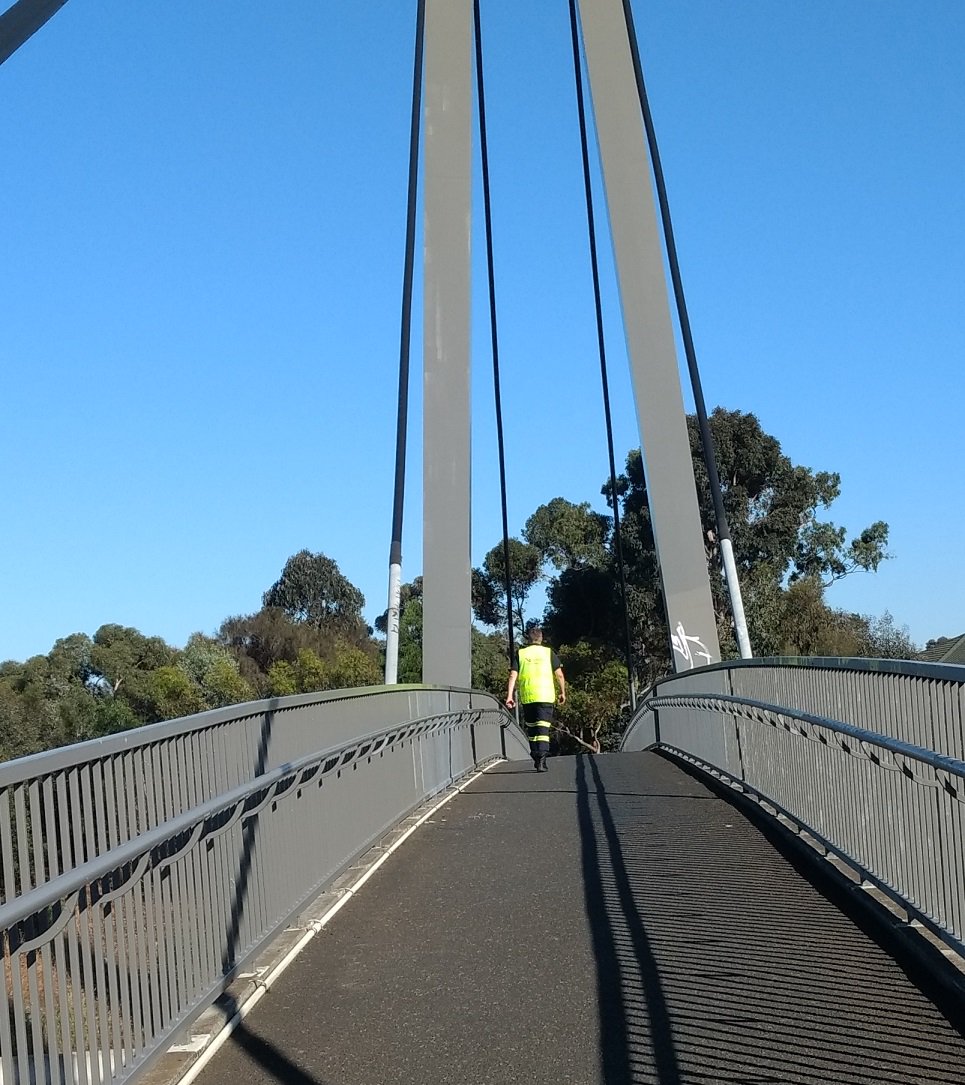 Alan_Cuthbert's tweet photo. It's day 3 of our 5 day campaign. The #StopAdani banner on 5 freeways in 5 days. Got a visit from Leo from Vic Roads, asking us to take down the banner., Since it was hot and we planned to leave soon anyway we did so and kept our banner. Look out for use tomorrow #5Days5Fwys https://t.co/kbWczfMUJs