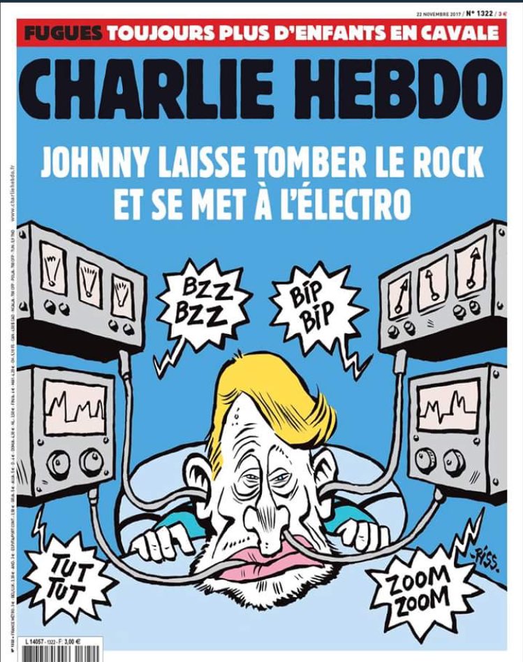 InfosFrancaises's tweet photo. 📰 "Johnny laisse tomber le rock et se met à l'électro" : à la Une de Charlie Hebdo ce mercredi 22 novembre. https://t.co/ihFXoqBaCU
