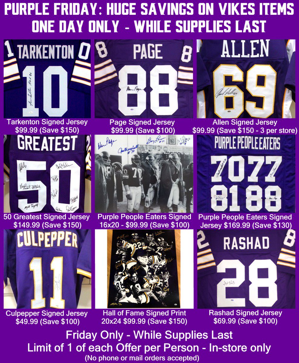 FanHQ's tweet photo. It's #PurpleFriday! 💜 HQ stores open at 6am this morning! Get here early & grab some of these sweet signed jerseys! #ExtremeValues #Vikings #Skol https://t.co/ZXjDYiJWou