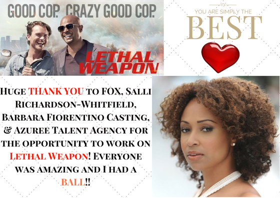 chantebowser's tweet photo. On @LethalWeaponFOX tonight! Thank you @sallirichardson, @FOXTV, Florentino Casting &amp; @AzureeTalent!  @Kabookit #lovemyjob #actor4life #onecreditatatime https://t.co/Xa0Nm3LniD