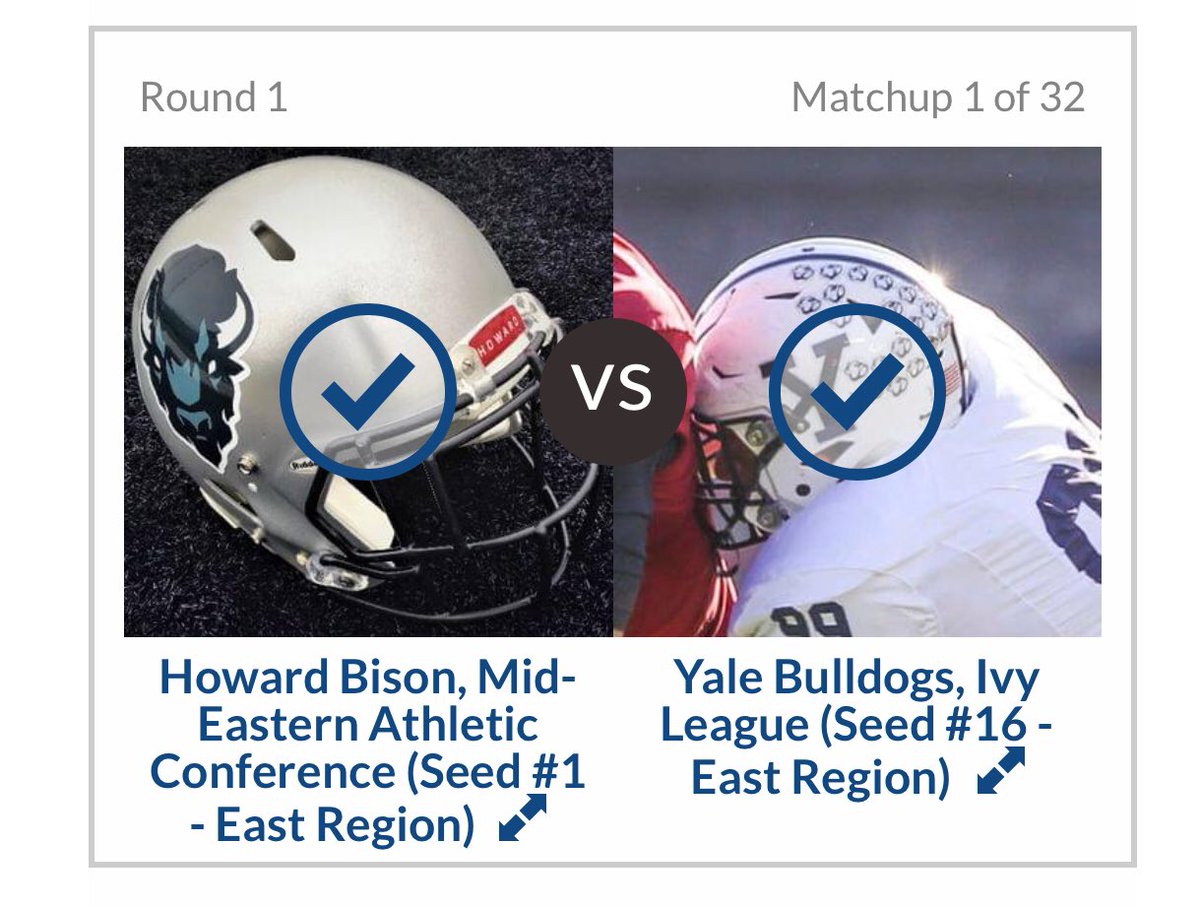 DWood_EQ's tweet photo. Round 1 is set: Howard v. Yale ... helmet voting starts Nov.28 https://t.co/XU5t7uVgwV Let’s go #BisonNation @HUBISONFOOTBALL @HUBisonSports @HowardU @HUBisonExpress #voteHoward #HUyouknow #MissionPossible https://t.co/hQ19ypk8bN