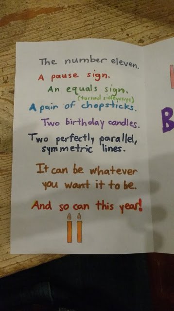 Ms_Gazella's tweet photo. Check out the card my nephew made for his little sister's 11th birthday. Such interpretation! Such analysis! Is this what comes of having an English teacher for an aunt?! 😜 #whoneedshallmark https://t.co/fdmV59R2kk