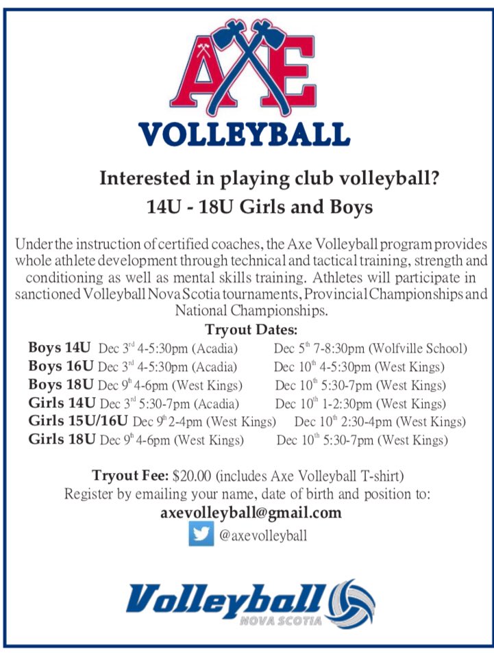 Axe Volleyball Tryouts begin December 3rd! Check out the poster for tryouts in your age group! <a href="/volleyballNS/">Volleyball NS</a> <a href="/SportNovaScotia/">sportnovascotia</a>