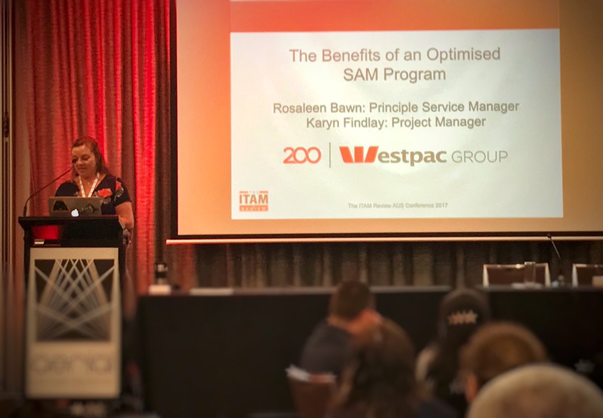 aphidlock's tweet photo. Karyn from @Westpac talks the banks #SAM journey with @flexera and @Mastermind_Grp - 80k devices, 8 million software installs. Team of 20. Top tips -> don’t forget to focus on #HAM, implement a tool, add end-of-life  #ITAMRConference https://t.co/dMy3iVrPeU