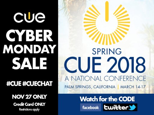 joincalie's tweet photo. #CYBERMONDAY ALERT! A special 40th Anniversary code will be released Mon, Nov 27, good that day ONLY for 40% off any NEW Spring #CUE registrations! The 1st 40 to claim the code will save the dough! Follow #cue #cuechat hashtags to get the code! @jcorippo @CateTolnai @CoriOrlando1 https://t.co/nAKOG6HtAz