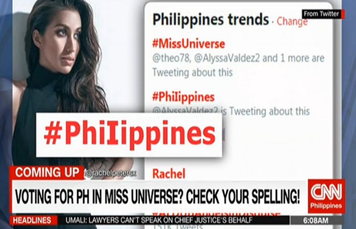 newswatchplusph's tweet photo. #MissUniverse: Be careful when you vote for Rachel Peters on Twitter. There's a hashtag that spells the #Philippines with a capital "i" instead of an "l"

Here's how you can vote: https://t.co/MgZUX3zjGK https://t.co/u7OFoCJz9S