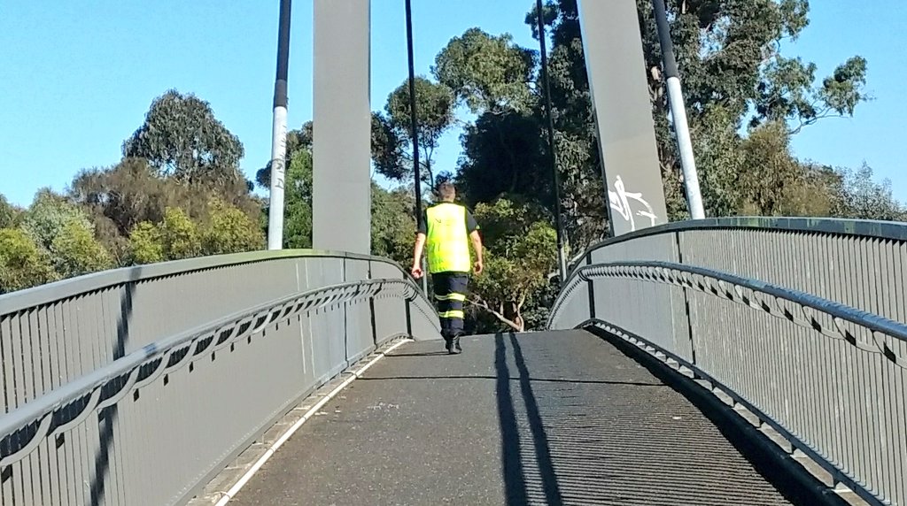 Alan_Cuthbert's tweet photo. This is Leo from Vic Roads. He asked us to remove our banner from the Ring road, so we did rather than lose our banner. This is day 3 of our 5 day campaign to hang our #StopAdani banner on 5 freeways. No funding for ADANI.  #5Days5Fwys https://t.co/c20zE2vJpo