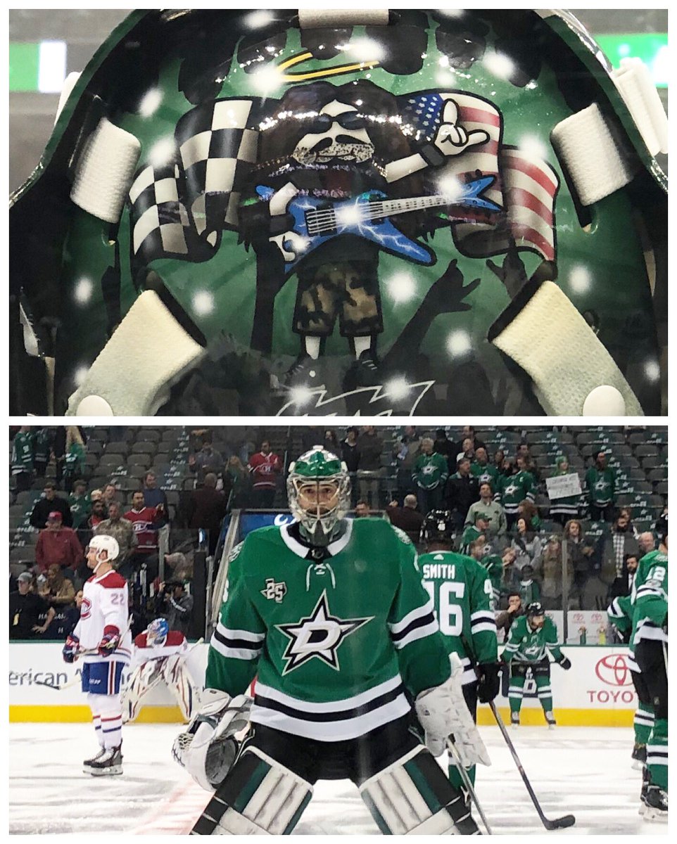 jeffk_stars's tweet photo. Finally got an up-close look at @MikeMcKenna56’s #Dimebag mask. Just awesome! 💚🤘🎸 #warmups #DALvsMTL #GoStars https://t.co/44piGt26hG