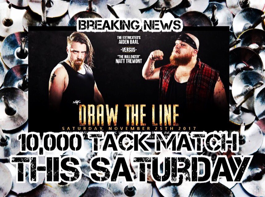 NYWCWRESTLING's tweet photo. HUGE Ultra-Violent News! Matt Tremont vs. Aiden Baal is NOW a 10,000 Thumbtack Match! #DrawtheLine #SDLive @TremontCZW @AidenBaal #Thumbtack https://t.co/JBaU4eMYnH