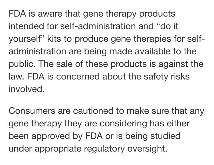 emilylmullin's tweet image. FDA just published this page denouncing DIY/self-administered gene therapy and CRISPR. fda.gov/BiologicsBlood…