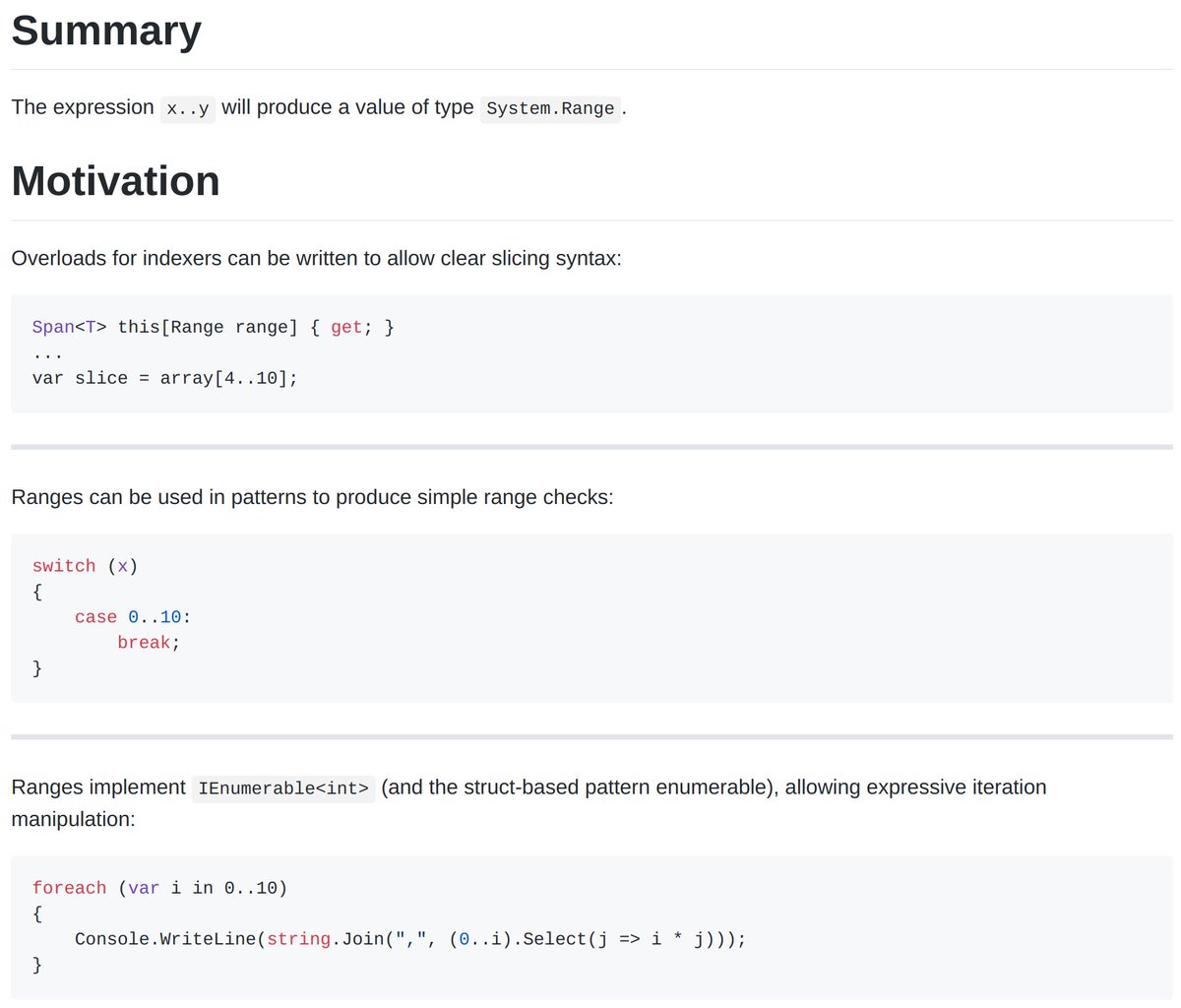 Cool, the "Ranges" feature is planned for C# 7.3!
github.com/dotnet/roslyn/…