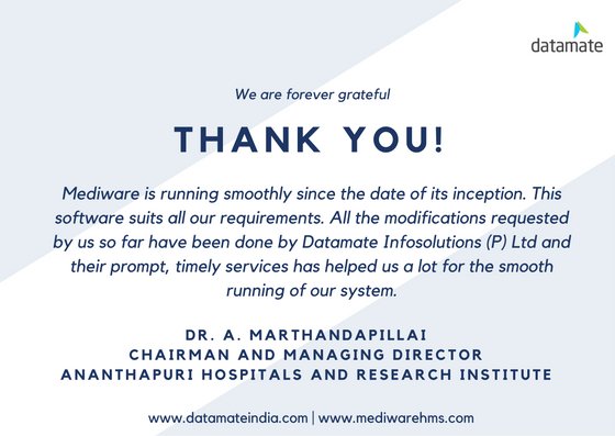 Datamate1993's tweet photo. Thank you Ananthapuri Hospitals for these kind words. #datamateindia #mediware #happyclients #customers #testimonial #Medical #hospitals #Healthcare #hospitalinformationsystem #HIS #Software #healthcaretechnology https://t.co/yOISKXWW65