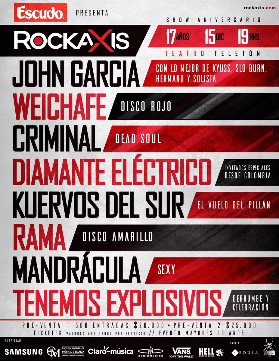Más allá de sus merecidos premios Grammy es un lujo tener a Diamante Eléctrico debutando en Chile en aniversario 17 de Rockaxis. Nos vemos el 15 Dic/T.Teleton. Entradas Ticketek y sin cargo en Knife @rockaxiscontodo <a href="/Diamantelectric/">Diamante Eléctrico</a> <a href="/alfaxis/">Alfredo Lewin</a> @Reinosiano <a href="/CervezaEscudo/">CervezaEscudo</a> @jpcrettino