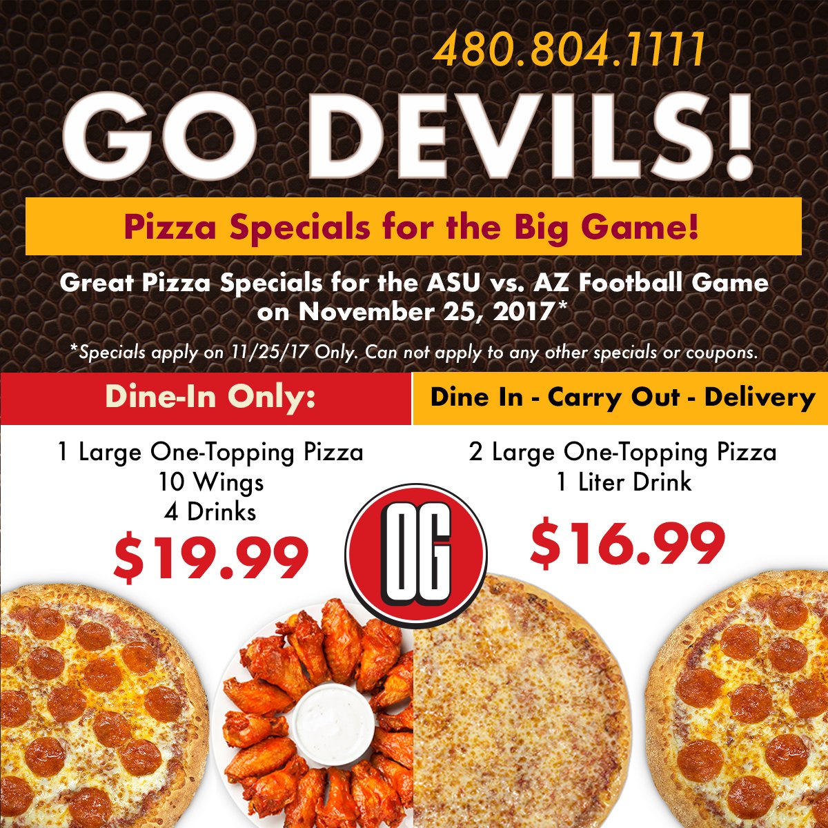 originalgenos's tweet photo. The Duel in the Desert is this Saturday! Get set up for the game with some great game-day deals. Dine in, take it home or let us deliver it to you. GO DEVILS! #Duelinthedesert2017 #godevils #pizzadealstempe #asugame https://t.co/uAqaVCoYHn