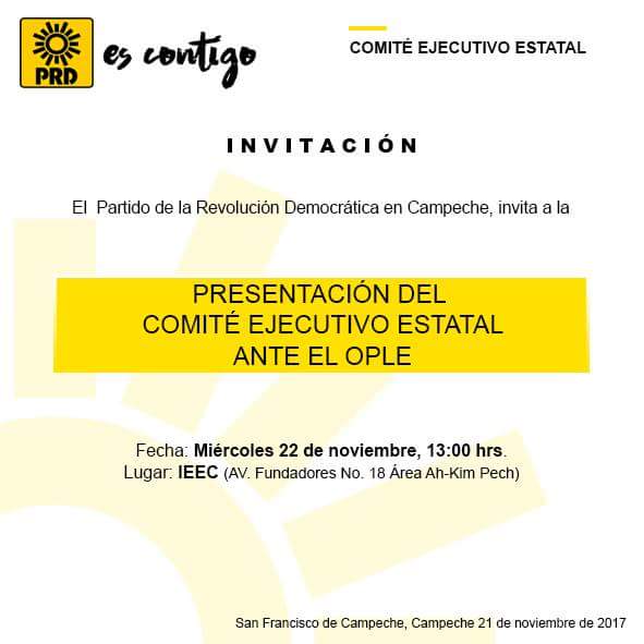 CEEPRDCampeche's tweet photo. Invitación a la presentación del Comité Ejecutivo Estatal del #PRDCampeche ante el OPLE. #EsContigo #PRDVa @AmendolaPRD https://t.co/KBSZapYul6