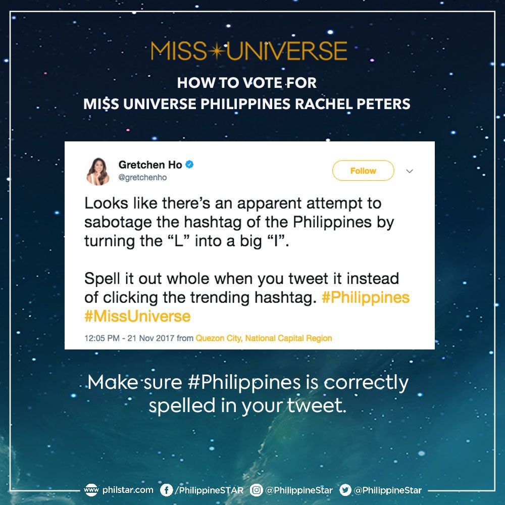 Netizens, unite!

The online voting for #MissUniverse 2017 has officially begun! Help Miss #Philippines Rachel Peters secure a spot in the semifinals: