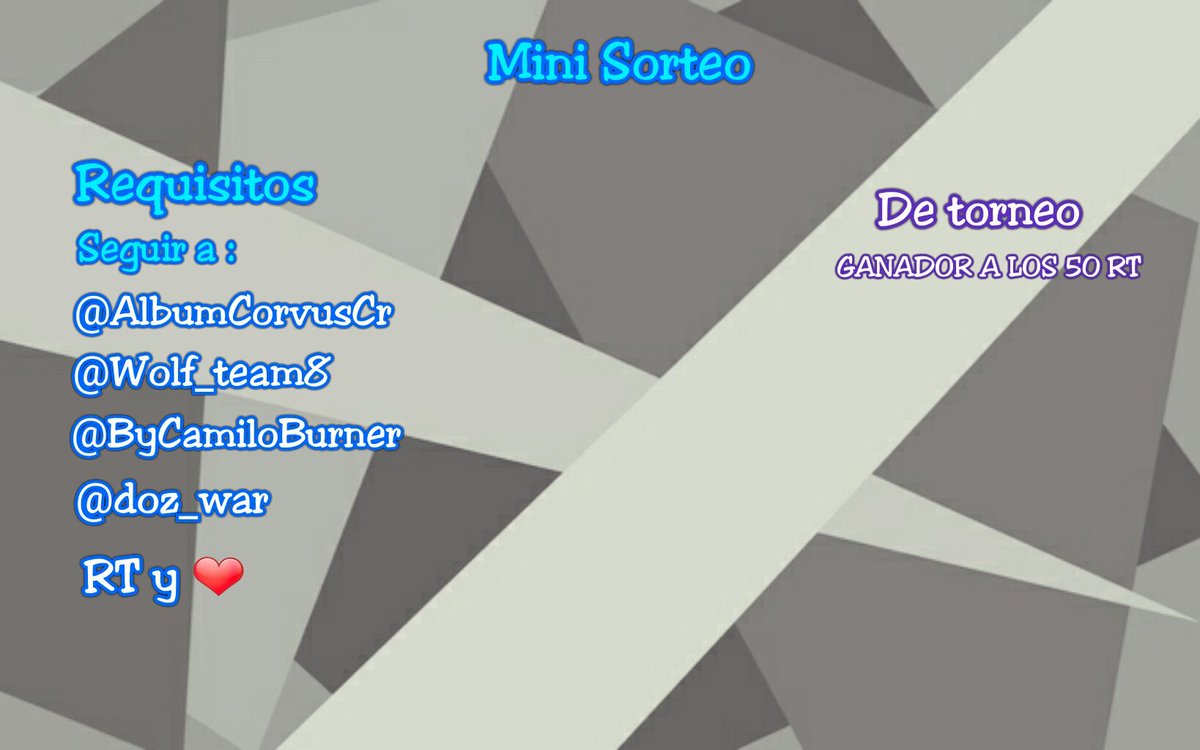 Ganador torneo peque
Seguir a :
<a href="/AlbumCorvusCr/">Album Corvus GM</a> 
@Wolf_team8 
@ByCamiloBurner 
<a href="/doz_war/">DozWar</a> 
Rt y ❤