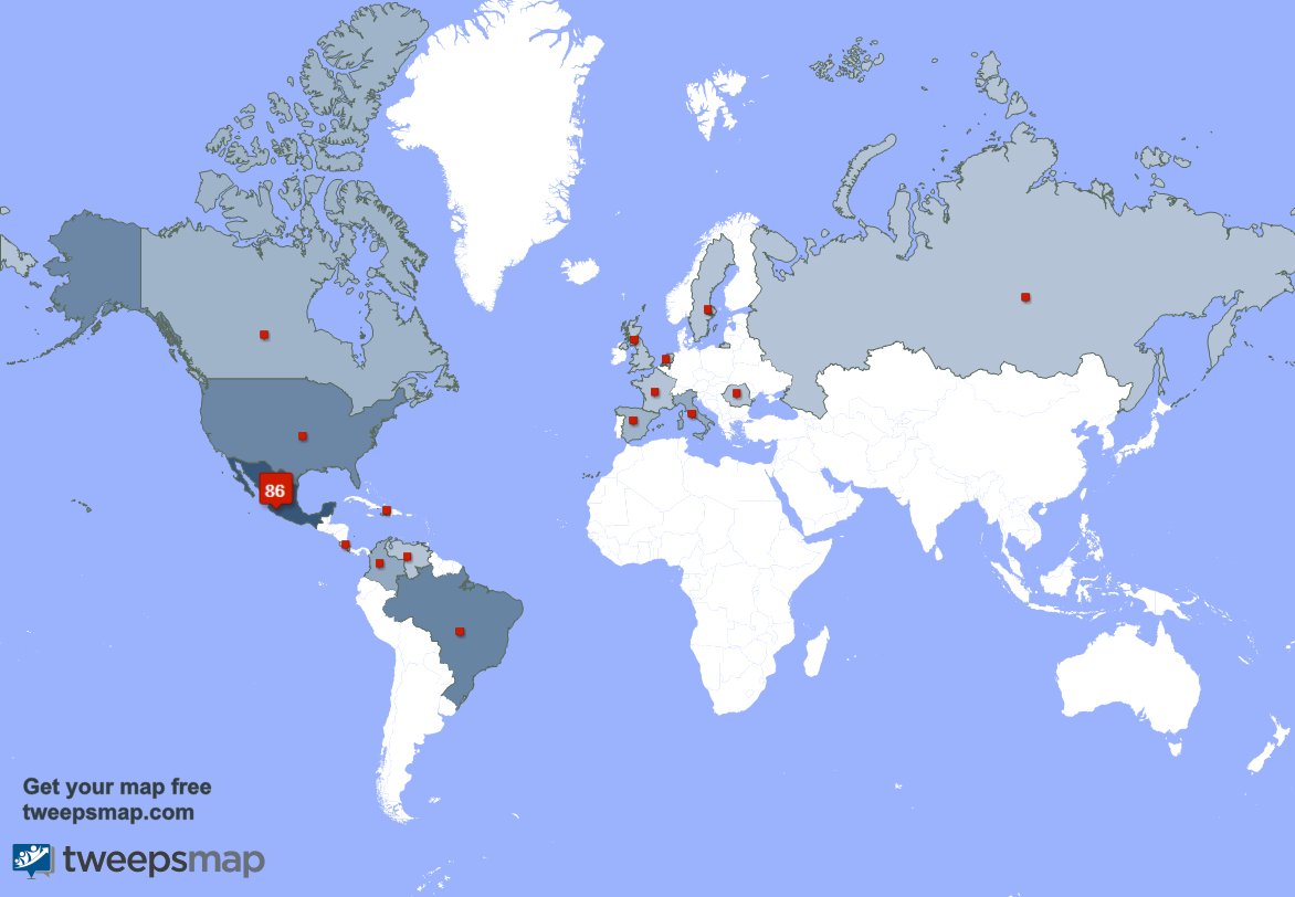 Mis seguidores viven en México(85%),Brasil(5%),Estados Unidos(4%) y más tweepsmap.com/!bangbangdf