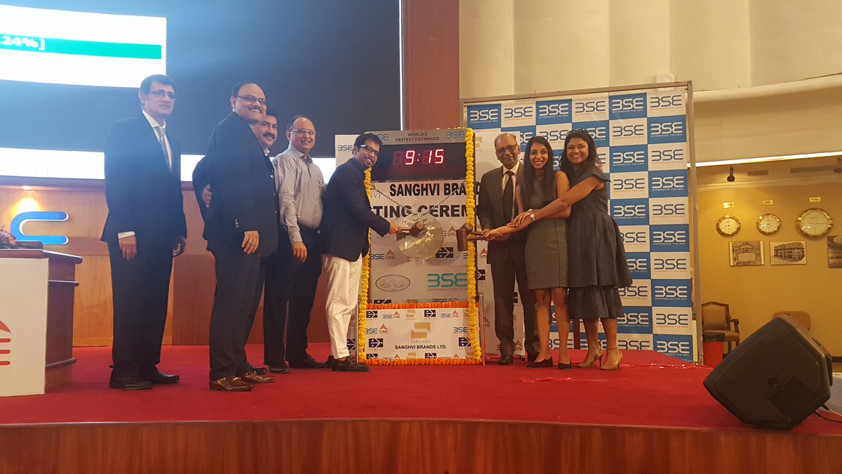 BSEIndia's tweet photo. Dignitaries Ringing the Bell at the Listing ceremony of Sanghvi Brands Limited on 22nd November 2017 @BSEIndia @BSESME https://t.co/OSaEBmuy8M