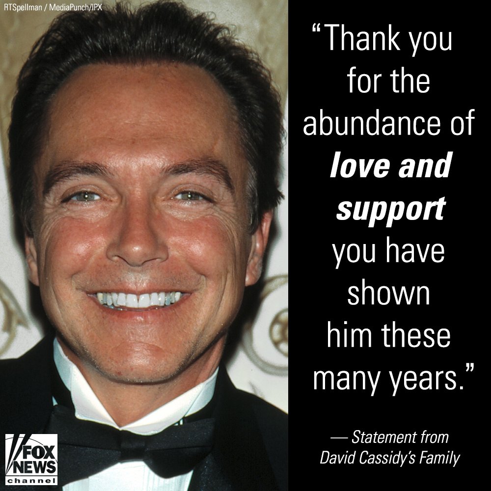 FoxNews's tweet photo. The family of actor and musician David Cassidy thanked supporters as they announced his death on Tuesday. https://t.co/xYPb4c6MSK https://t.co/vijgZ8WNDK