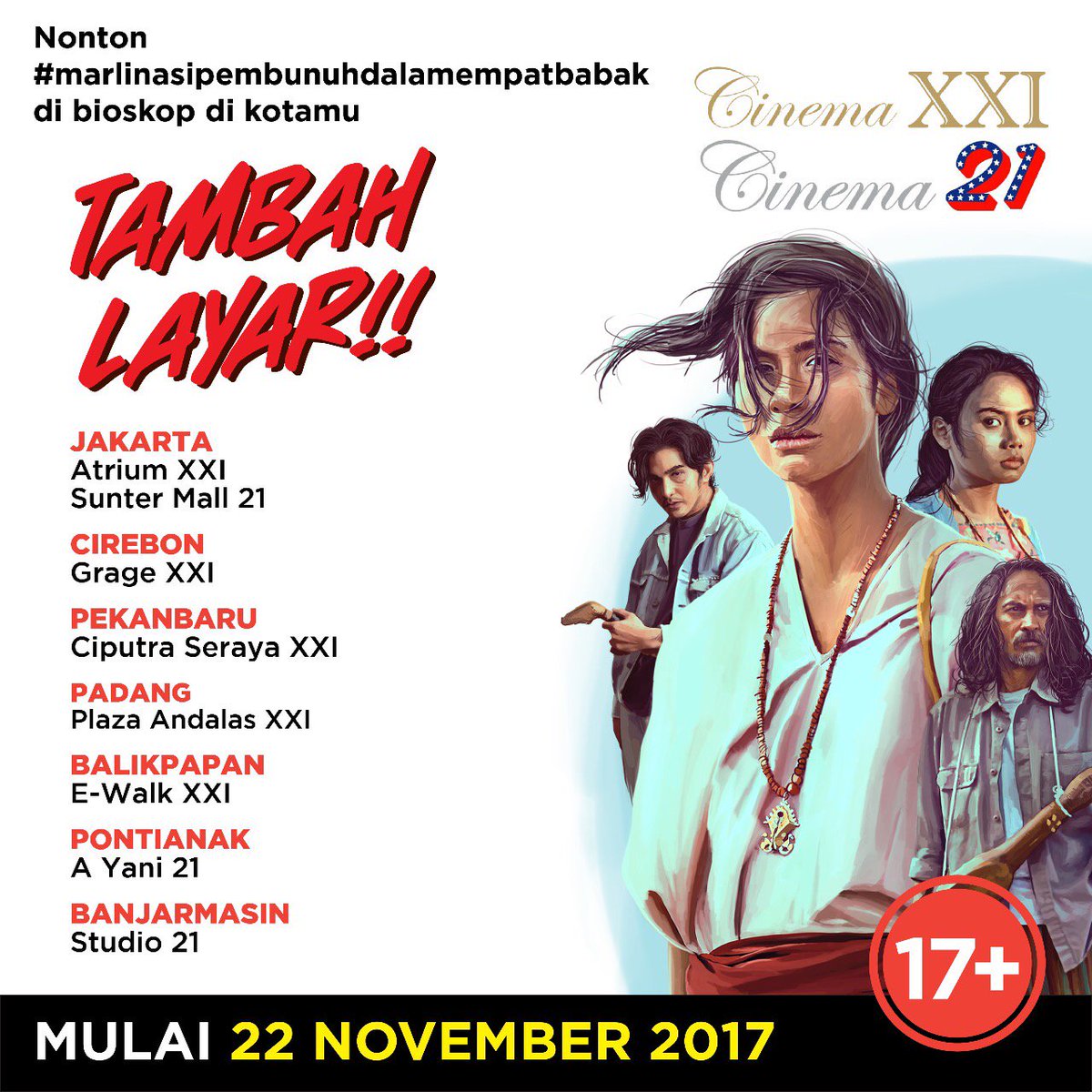 BREAKING NEWS! Penambahan layar Marlina di Cirebon, Padang, Pekanbaru, Balikpapan, Pontianak, Banjarmasin! Hari ini juga yuk nonton #MarlinaSiPembunuhDalamEmpatBabak
